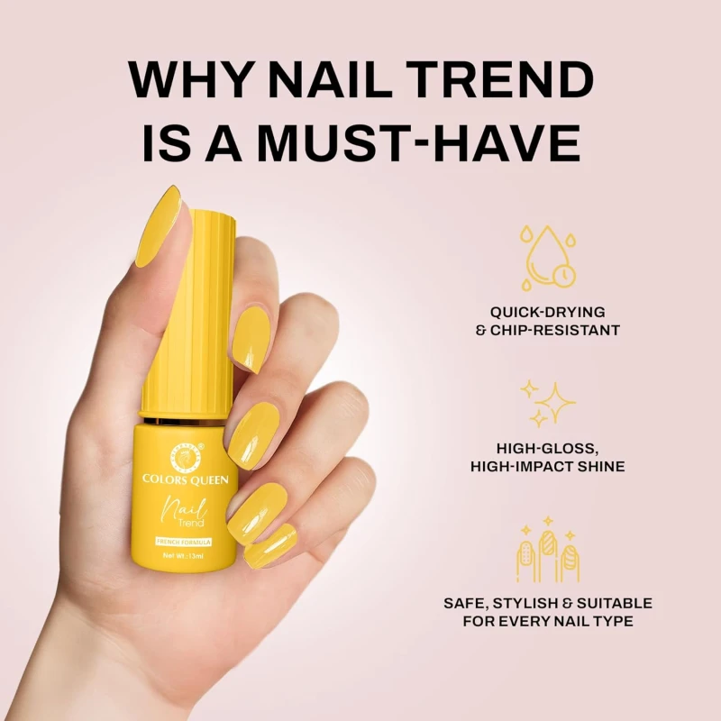 Colors Queen Nail Trend Glossy Nail Polish | Chip Resisting & Quick Drying Nail Paint with High Shine | 7 Toxin Free Formula | Vegan & Cruelty Free | Long Lasting & Vibrant Nail Paint for Women (Mustard Dip, 13ml) - Thumbnail 4